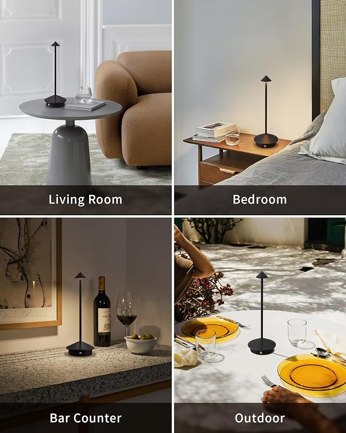 Modern Cordless Table Lamp Set of 2, Black Portable LED Desk Lamps | 5000mAh, Rechargeable, Battery Operated Lighting for Bedroom, Dining Room, Restaurant, Coffee Shop, Camping, Night Light - Image 6