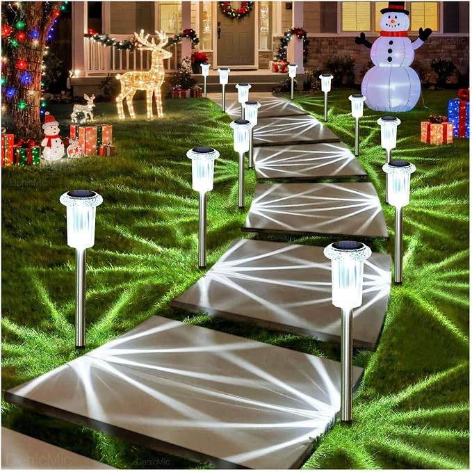 DenicMic Solar Pathway Lights Outdoor Waterproof Cold White LED 15 Pack | Yard Garden Driveway Walkway Landscape Path Lights, Starburst Pattern, Acrylic Diamond-like Lampshade Stainless Steel Pole - Image 8