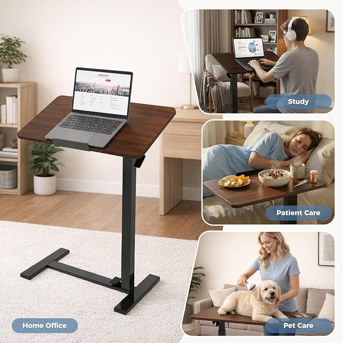 Overbed Table Adjustable Bedside Desk with Wheels Brown | Pneumatic Lift Design Offers Easy Height Adjustment for Bed and Sofa Use - Image 6