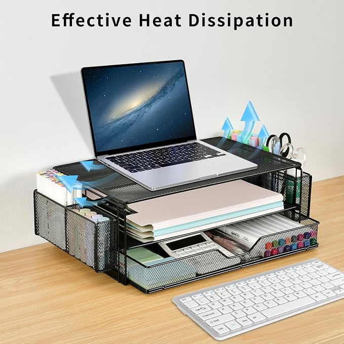 AUPSEN 2 Tier Computer Monitor Stands with Drawer and 2 Pencil Holder, Metal Monitor Stand Monitor riser, Computer Desk Organizer and Accessories for Laptop, Computer, Printer, Office Supplies(Black) - Image 3
