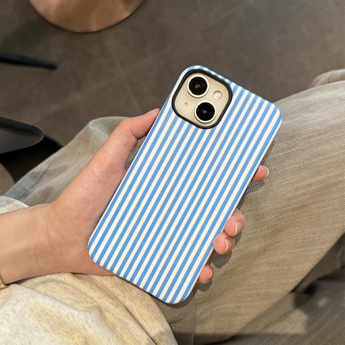 for iPhone 15 Case Striped Cute Aesthetics Phone Case Trendy Protective Shockproof Cover for iPhone 15 Blue White - Image 3
