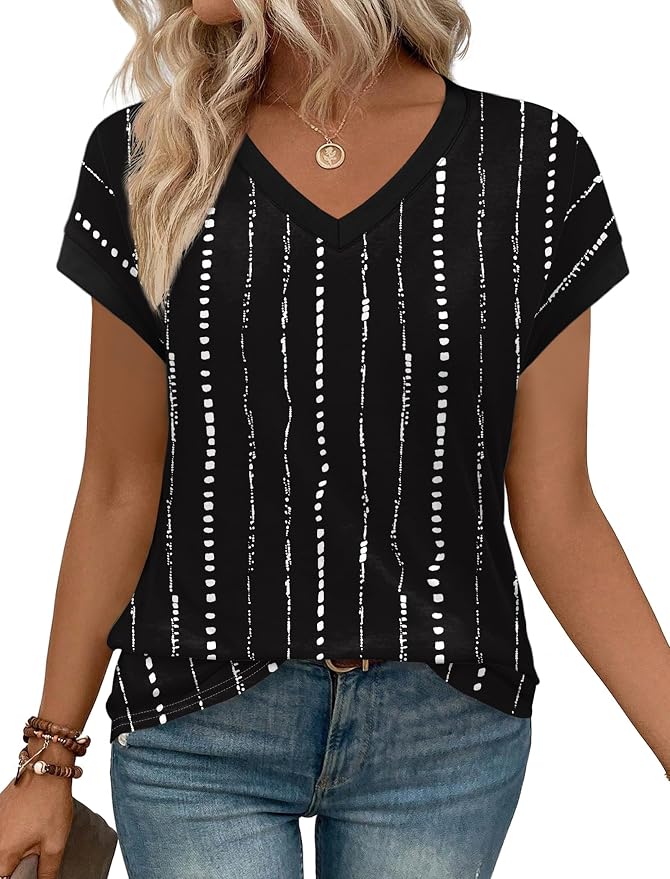 WIHOLL Womens Summer Tops 2026 Cap Short Sleeve Shirs V Neck T Shirts Fashion Beach Vacation Clothes Color Block - Image 2