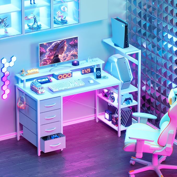 51 Inch Gaming Desk with Drawers & PC Tower Stand & LED Lights, White | Reversible, Monitor Shelf, Power Outlets, Carbon Fiber, Mesa Gamer, Computer Desk with Storage, Gaming Table for Home Office - Image 3
