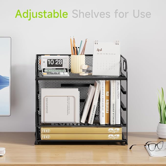Cawukege 2 Pack 5 Tier Paper Organizer, Letter Tray with Handle, Mesh Desk Organizer, Metal File Organizer, Office Desk Accessories for Home, Office, Classroom, School -Black - Image 2