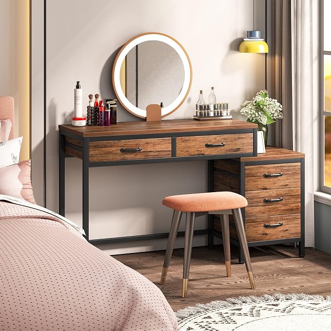 Tribesigns Computer Desk with 5 Drawers, Reversible Home Office Desks | Small Desk with Drawer Cabinet Printer Stand, PC Desk with Storage, Rustic Study Writing Table Workstation for Small Spaces - Image 5