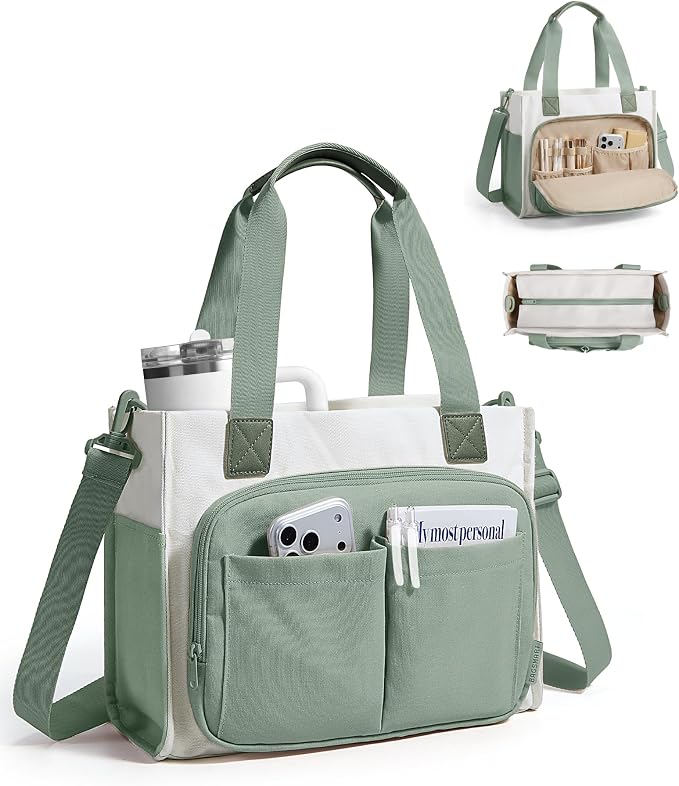 BAGSMART Small Tote Bag for Women, 13'' Laptop Canvas Work Bag with Zipper | 30oz/40oz Tumble & 11 Pockets Travel Tote, Teachers/Nurses, Lightweight Canvas or Water-Resistant Puffer Taslon Crossbody Bag by BAGSMART