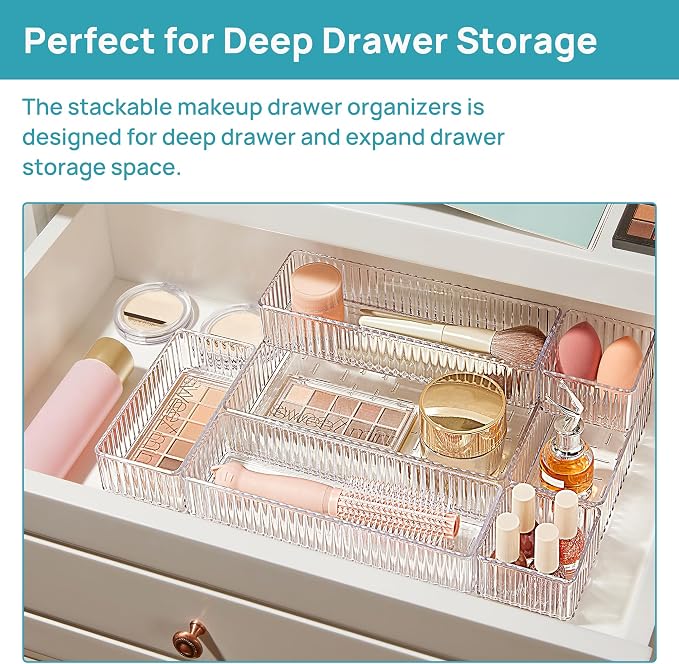 Vtopmart 7 PCS Clear Makeup Drawer Organizers Bins, 4-Size Stackable Makeup and Vanity Organizer Trays, Acrylic Bathroom Storage Containers for Cosmetic, Toiletries, Office Supply, Utensils, Gadgets - Image 3