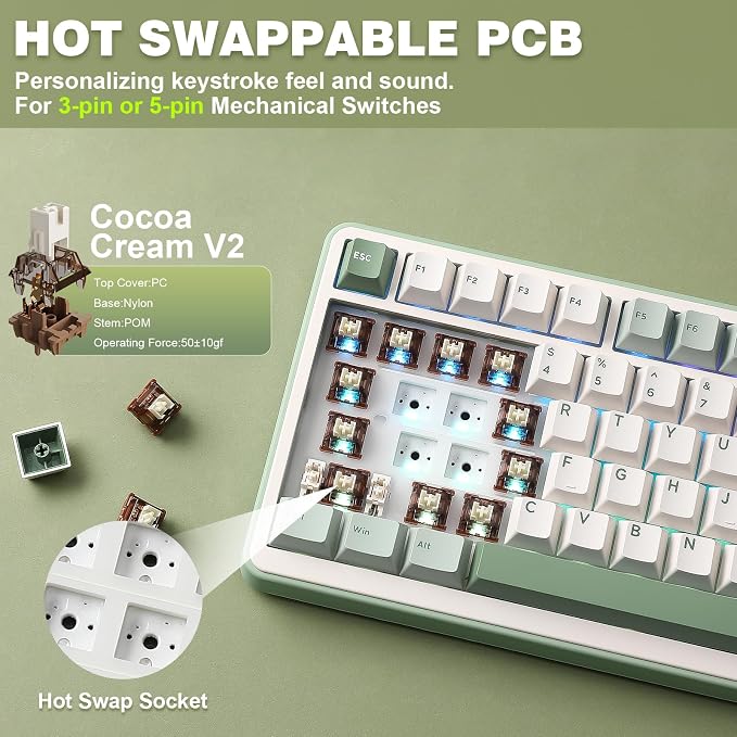 YUNZII B75 PRO 75% Wireless Mechanical Keyboard(Matcha Green,Cocoa V2) | Hot Swap Keyboard with Knob, Gasket Mount, Creamy Pre-lubed Switch for Smooth Typing, BT/USB-C/2.4G, for Gaming - Image 5