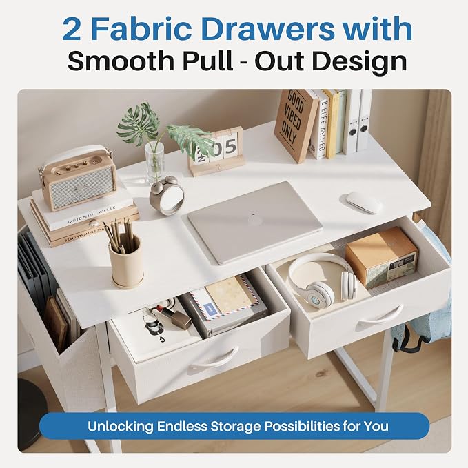 OLIXIS 32 Inch Gaming Desk, Computer Desk, Fabric Drawers | Side Bag Headphone Hook, Home Office Work Table, Writing Study Bedroom, Small Space, White - Image 5