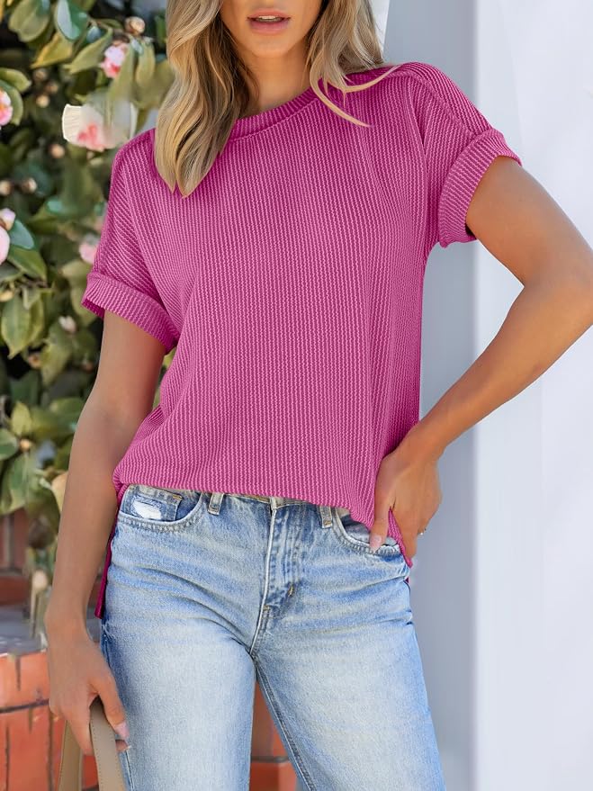 ANRABESS Womens Short Sleeve Crewneck Shirts Ribbed Knit High Low Hem T Shirt 2026 Summer Spring Casual Tops Trendy Clothes - Image 3