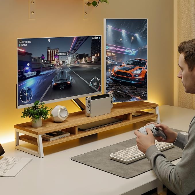 Fenge Dual Monitor Stand for Desk, 42.5in Large Monitor Riser for 2 Monitors, 2 Tier Computer Office Desk Top Shelf, Desktop Storage Stand for Laptop, PC, Computer, Printer - Image 8