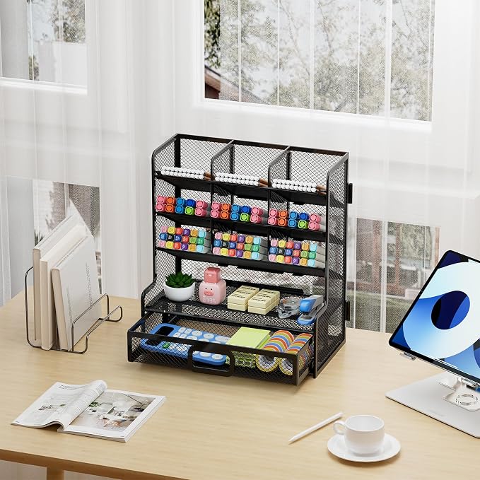 Marbrasse Larger Mesh Desk Organizer with Drawer, Multi-Functional Pen Pencil Holder, Easy Assembly, Desk Organizers and Accessories for Office Art Supplies (Black) - Image 8