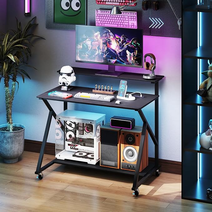 Giantex Rolling Computer Desk with Charging Station, Mobile Portable Laptop Desk with Monitor Stand & Storage Shelf, Small Desk with Lockable Wheels for Small Spaces, Home Office (Black) - Image 2