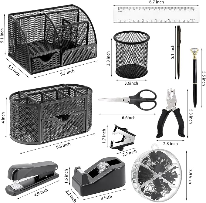 17 in 1 Black Desk Organizers and Accessories Set, 3 Office Desk Supplies Storage Organization, 4 Pens, Stapler, Staples & Remover, Tape & Dispenser, Scissors, Ruler, Clips, Hole Punch, Back to School - Image 2
