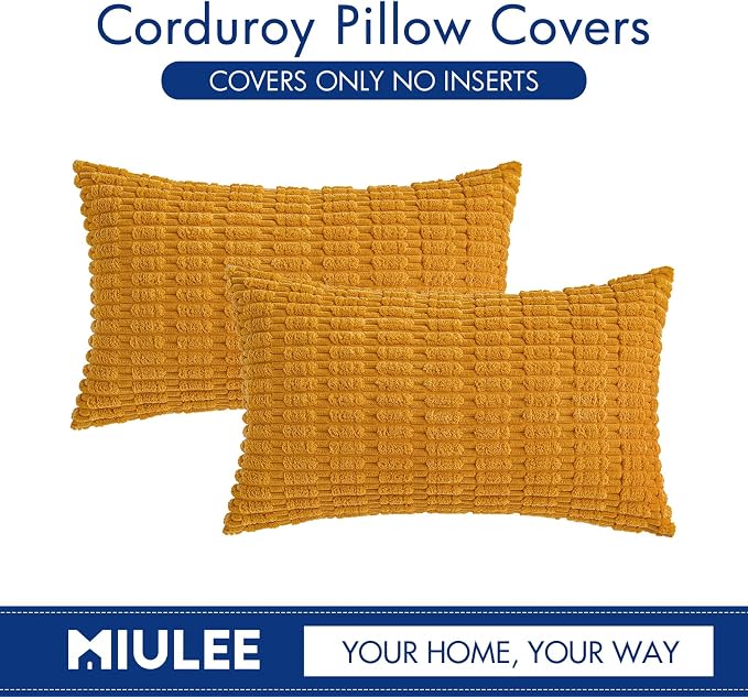 MIULEE Pack of 2 Corduroy Decorative Lumbar Throw Pillow Covers 20x12 Inch Soft Boho Striped Pillow Covers Modern Farmhouse Home Decor for Summer Sofa Living Room Couch Bed Gold Yellow - Image 6