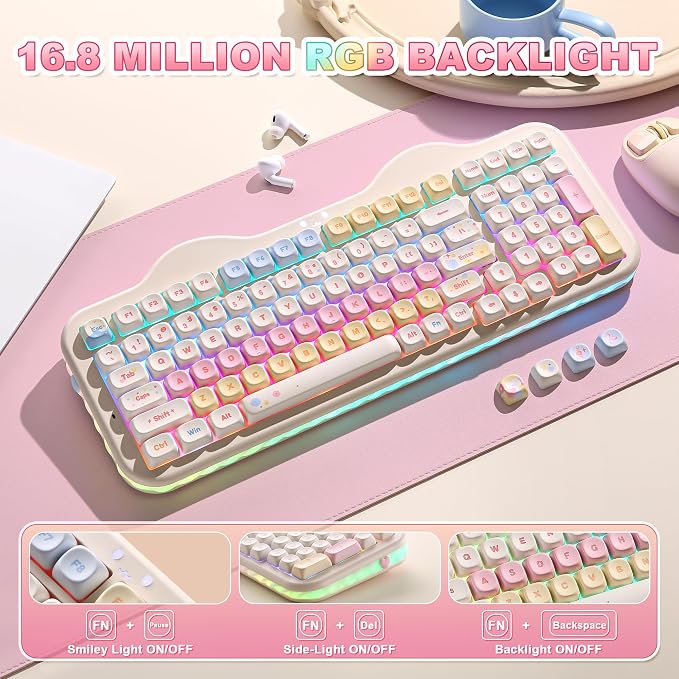YUNZII C98 Cute Cake Wireless Mechanical Keyboard (Beige, Candy Switch) | 99 Keys with Number Pad, Hot Swap, PBT MOA Keycaps, BT5.0/2.4G/USB-C, Gasket Mount, Custom RGB Backlit for Win/Mac - Image 7