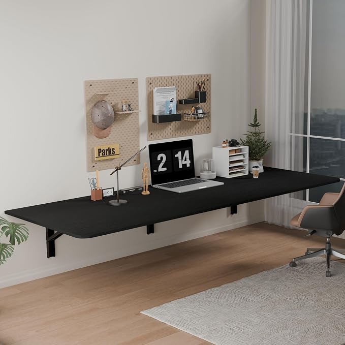 IAE 60x22in Floating Fold Desk,Wall-Mounted Folding Computer Table,Black | Study Table with Shelf Brackets,Foldable Down Shelf with Engineered Wood,Fold Computer Desk for Small Apartment,Holds 515 lb - Image 5