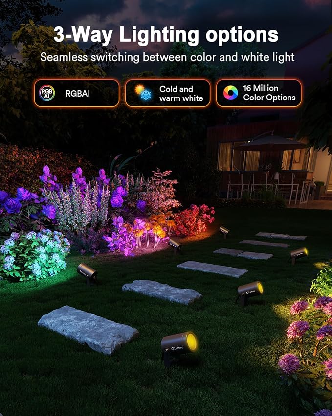 Lumary Smart Landscape Lights Pro 500LM, 6 Pack Color Changing Landscape Spotlights IP65 Waterproof, RGBAICW Low Voltage Outdoor Lights for Garden Yard and Pathway, APP/Remote/Voice Control, 65FT | RGBAICW Color Changing, IP65 Outdoor Rated, 2200K-6500... - Image 3