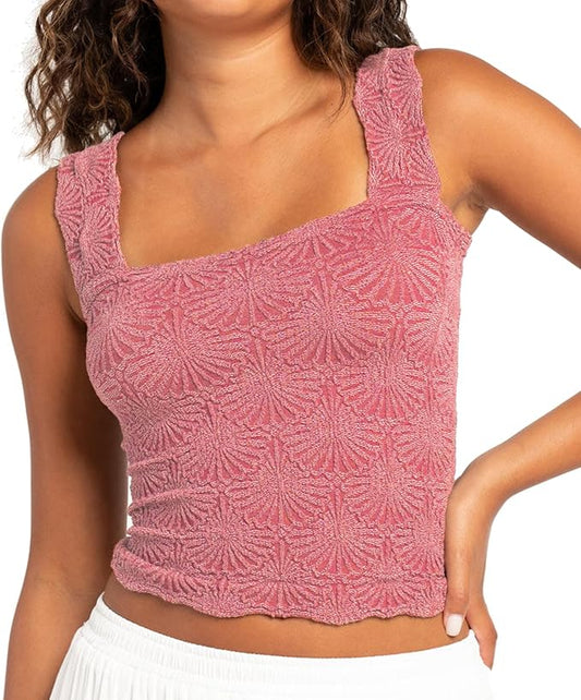 Women's Square Neck Wide Strap Crop Tank Tops Flower Going Out Tops Slim Fit Lettuce Trim Crop Cami Tops by NiceYourLife