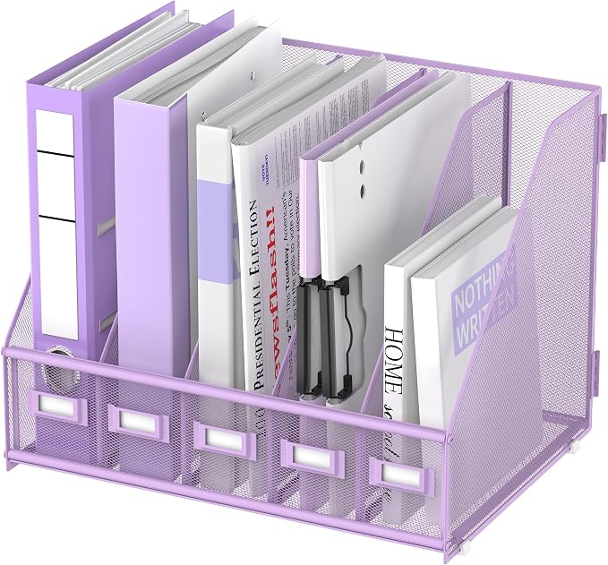 SUPEASY Desk Organizers Metal Desk Magazine File Holder with 5 Vertical Compartments Rack File Organizer for Office Desktop, Classroom, Home Workspace, Purple Plus by SUPEASY