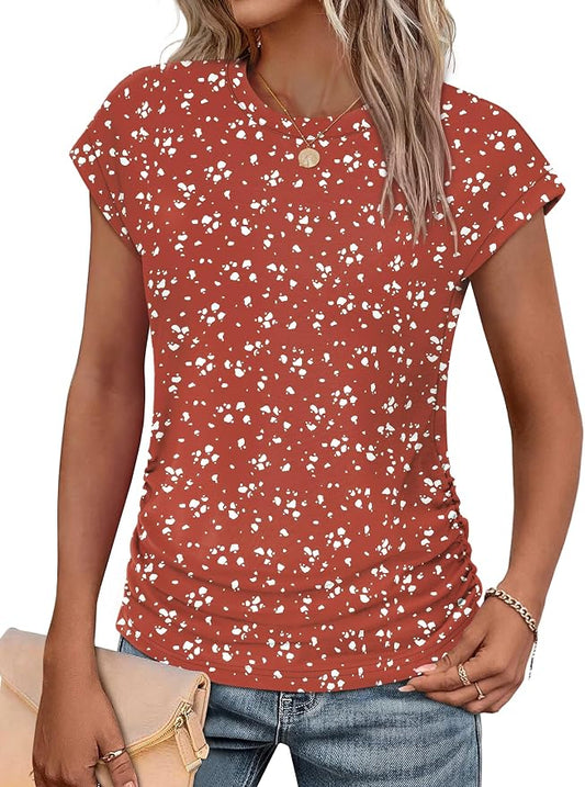 Sampeel Womens Summer Tops Trendy 2026 Ruched Cap Short Sleeve Tshirts Shirts Crew Neck T Shirts Fashion by SAMPEEL