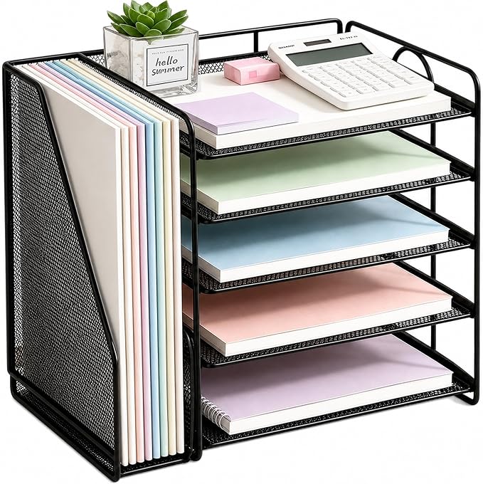 OPNICE Desk Organizers and Accessories, 5-Tier Paper Organizer Letter Tray with Magazine Holder, Office Desk Accessories & Workspace Organizers, Desktop File Organizer for Office Supplies, Black by OPNICE
