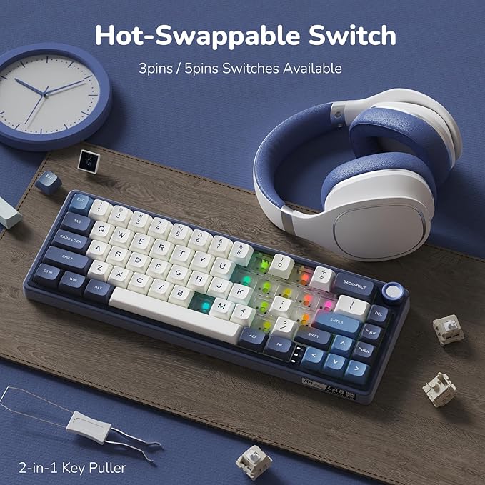 RK ROYAL KLUDGE R65 Wired Gaming Keyboard with Volume Knob, 60% Percent RGB Backlit Mechanical Keyboard Gasket Mount with PBT Keycaps, MDA Profile, QMK/VIA, 66 Keys Hot Swappable Cream Switch, Blue - Image 5