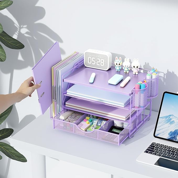 gianotter Wood Desk Organizers and Accessories with File Holder, 4-Tier Desk Accessories & Workspace Organizers with Drawer and 2 Pen Holder, Desk Reference Organizer (Purple, 4T with Metal Drawer) - Image 6