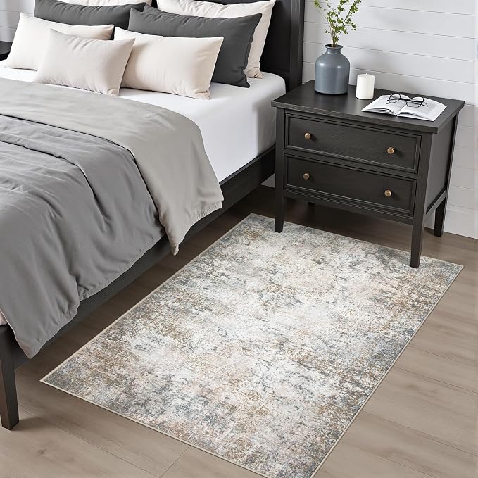 Washable Area Rug 3x5 Entryway Rug: Washable Modern Abstract Soft Thin Rug Indoor Floor No Slip Stain Resistant Carpet for Bedroom Dining Room Farmhouse Nursery Home Office - Brown Grey - Image 2