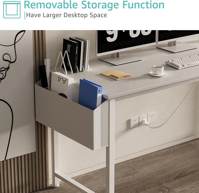 Lufeiya White Computer Desk with Power Outlet, 55 inch Teen Study Table Home Office Work Writing Gaming Desks with Charging Station Outlets Built in, White - Image 5