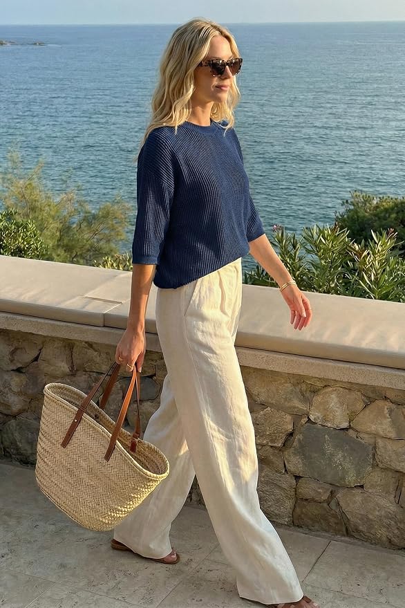 Arach&Cloz Womens Summer 100% Cotton Oversized Crochet Tops 3/4 Length Sleeve Sweater Hollow Out Casual Blouses 2026 - Image 5
