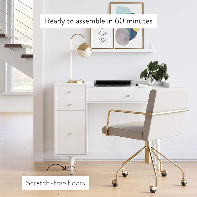 Nathan James Daisy Vanity Dressing Table or Makeup Desk with 4-Drawers and Brass Accent Knobs, White Wood - Image 8