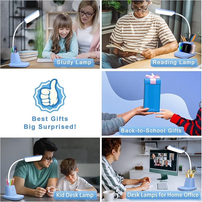 LED Desk Lamp with 10W Wireless Charging & Pen Holder, Blue | CRI 95, 800LM, Stepless Dimming, 3 Modes, 360°Flexible Arm, Touch, Study Table Lamp for Home Office, Dorm Room, with Adapter - Image 7