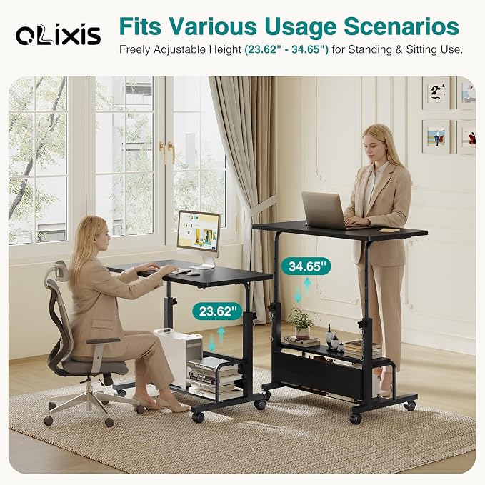 OLIXIS Rolling Desk, Storage Shelves, Laptop Table, Home Office | Height Adjustable Design, Computer Desks on Wheels, Portable for Small Spaces Use, Black - Image 6