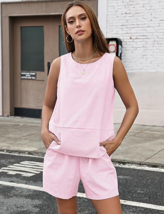 LOMON Women's Trendy 2 Piece Outfits Shorts Sets Summer Crew Neck Sleeveless Tank Top and Bottom Matching with Pockets 2026 - Image 6