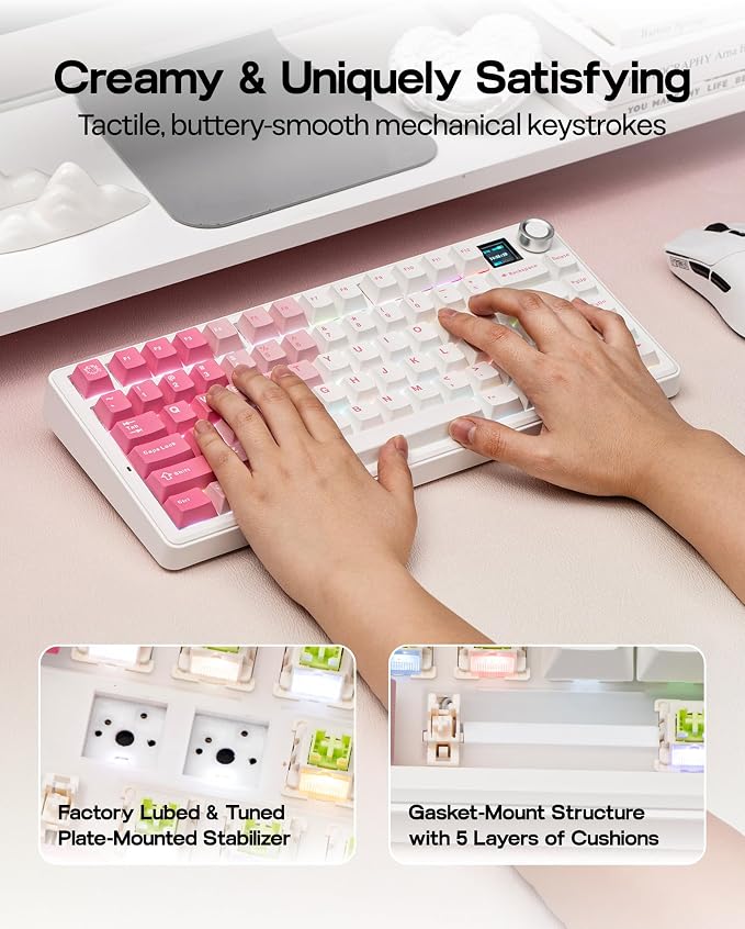 EPOMAKER X Aula F75 MAX Wireless Mechanical Keyboard with TFT Screen and Knob, Gasket Keyboard in 75% Layout, Hot Swappable Gaming Keyboard for PC/Mac/Linux (White Pink) - Image 6