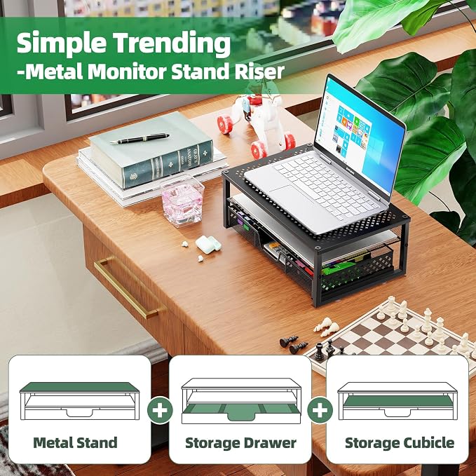 Simple Trending Metal Monitor Stand Riser and Computer Desk Organizer with Drawer for Laptop, Computer, iMac, Black | 16"W x 10"D x 6.25"H. Sturdy Metal Frame. 2-tier + drawer. Holds 66 lbs. Anti-slip. Fits laptop, monitor, iMac. Easy assembly - Image 4