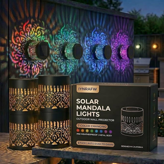 Solar Mandala Lights Outdoor Wall Projector Metal 7 Color Changing IP65 Waterproof Decorative Mounted Wireless Night Lighting for Yard Patio Fence Deck Pathway Garden Decor and Holiday Gifts by Unknown