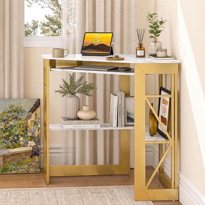 VECELO Corner Desk, Triangle Computer Desk for Small Space with Charging Station and Keyboard Tray, Corner Makeup Table with Storage Shelves for Home Office Bedroom, 41x30, Gold - Image 4
