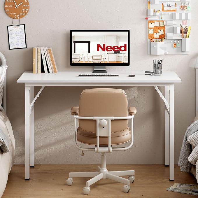 Need Office Computer Desk 39.3 Inch Sturdy Folding Laptop Table White | White Frame Writing Gaming Work Table/Foldable Home Office Desk/Sewing Table, No Assembly Required - Image 2