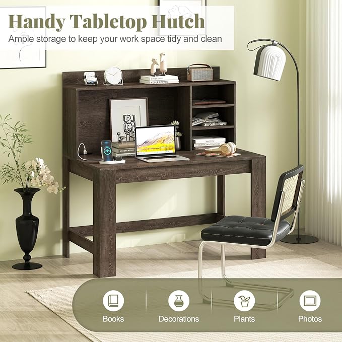 Giantex Computer Desk with Hutch, Modern Home Office Desk with Power Outlets, Storage Shelves & Cable Hole, Makeup Vanity Table, Study Writing Desk for Bedroom Office Small Space (Grey Oak) - Image 5