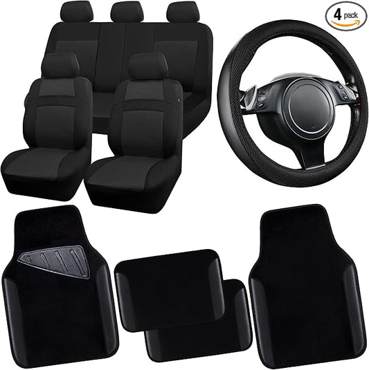 CAR PASS 3D Air Mesh Car Seat Covers Full Sets w/5mm Sponge, 4Pcs Waterproof Car Floor Mats, Steering Wheel Cover Universal Fit for SUV Sedan Truck, Airbag Compatible Automotive Interior(Black) by CARPASS