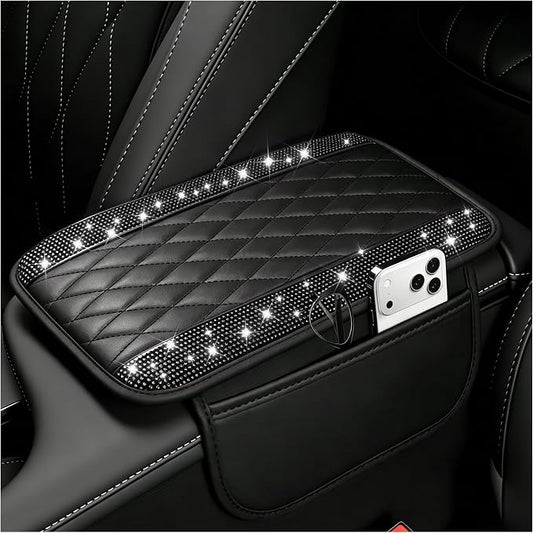 Stacool Upgraded Car Center Console Cover with Rhinestones,Microfiber Leather Car Armrest Cover Cushion with 2 Storage Bags,Universal Cars Armrest Storage Box as Cars Interior Accessories by Unknown