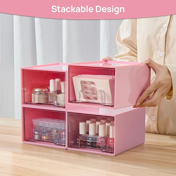 Vtopmart 4 Pack Small Clear Stackable Storage Drawers, Acrylic Bathroom Makeup Organizer, Plastic Storage Bins for Vanity, Undersink, Kitchen Cabinets, Pantry, Home Organization,Pink - Image 5