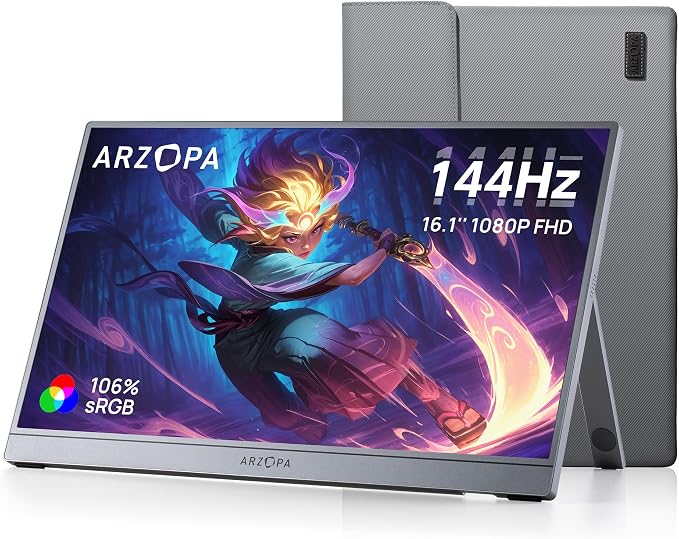 ARZOPA 16.1'' 144Hz Portable Gaming Monitor 106% sRGB-Z1FC Gray | 1080P FHD Kickstand Portable Monitor with HDR, Ultra Slim, Eye Care, External Second Screen for Laptop, PC, PS5, Mac, Xbox by ARZOPA