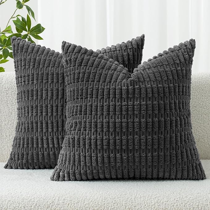 MIULEE Pack of 2 Corduroy Decorative Throw Pillow Covers 18x18 Inch Soft Boho Striped Pillow Covers Modern Farmhouse Home Decor for Sofa Living Room Couch Bed Dark Grey by MIULEE