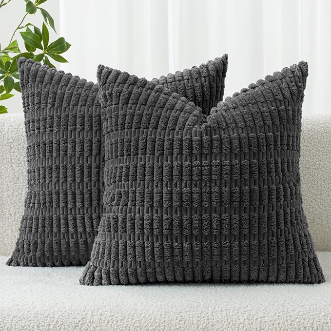 MIULEE Pack of 2 Corduroy Decorative Throw Pillow Covers 20x20 Inch Soft Boho Striped Pillow Covers Modern Farmhouse Home Decor for Sofa Living Room Couch Bed Dark Grey by MIULEE
