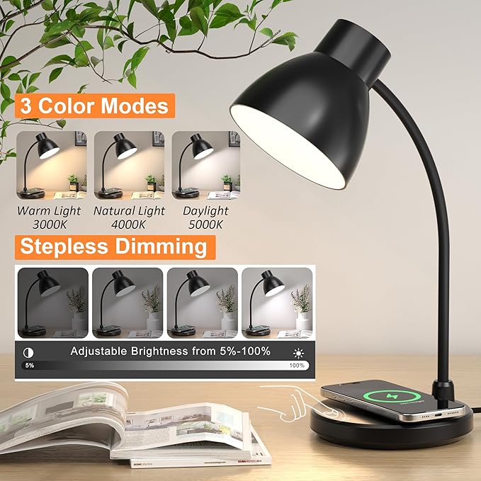 LED Desk Lamp for Home Office with Wireless Charger, Black | 3 Color Modes Dimmable Eye-Caring Study Reading Dorm Desk Lamp, 360° Flexible Arm Table Lamp for College Dorm Room, 800 Lumen - Image 3
