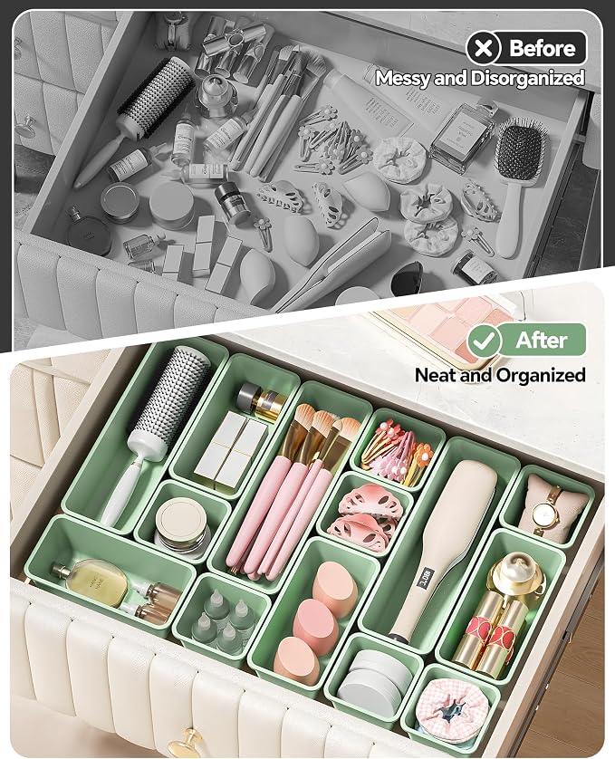 Canfanni 13 Pack Plastic Drawer Organizers Set, 3 Sizes Desk Drawer Organizer Trays for Vanity and Makeup Organizer, Organization and Storage for Makeup, Kitchen Utensils, Bathroom and Office(Green) - Image 4