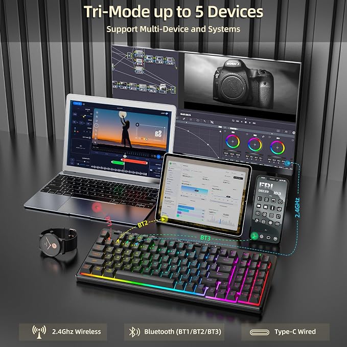 Redragon K517 Pro Wireless Gaming Keyboard, RGB Backlit, Tri-Mode BT/2.4GHz/USB-C, Mechanical Feel 94 Keys Computer Keyboard with 4 Macro Keys, Number Pad, 4000mAh Battery for Win/MAC - Image 3